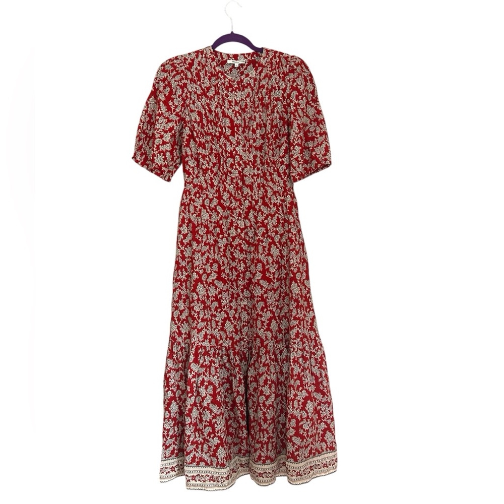 Madewell Pintucked Puff-Sleeve Midi Dress Floral Boho in Ground Madder Size 2 - Picture 3 of 15